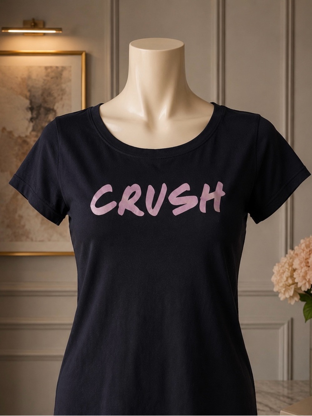 Victoria’s Secret PINK “CRUSH” Graphic Tee Size Large Black & Pale Pink